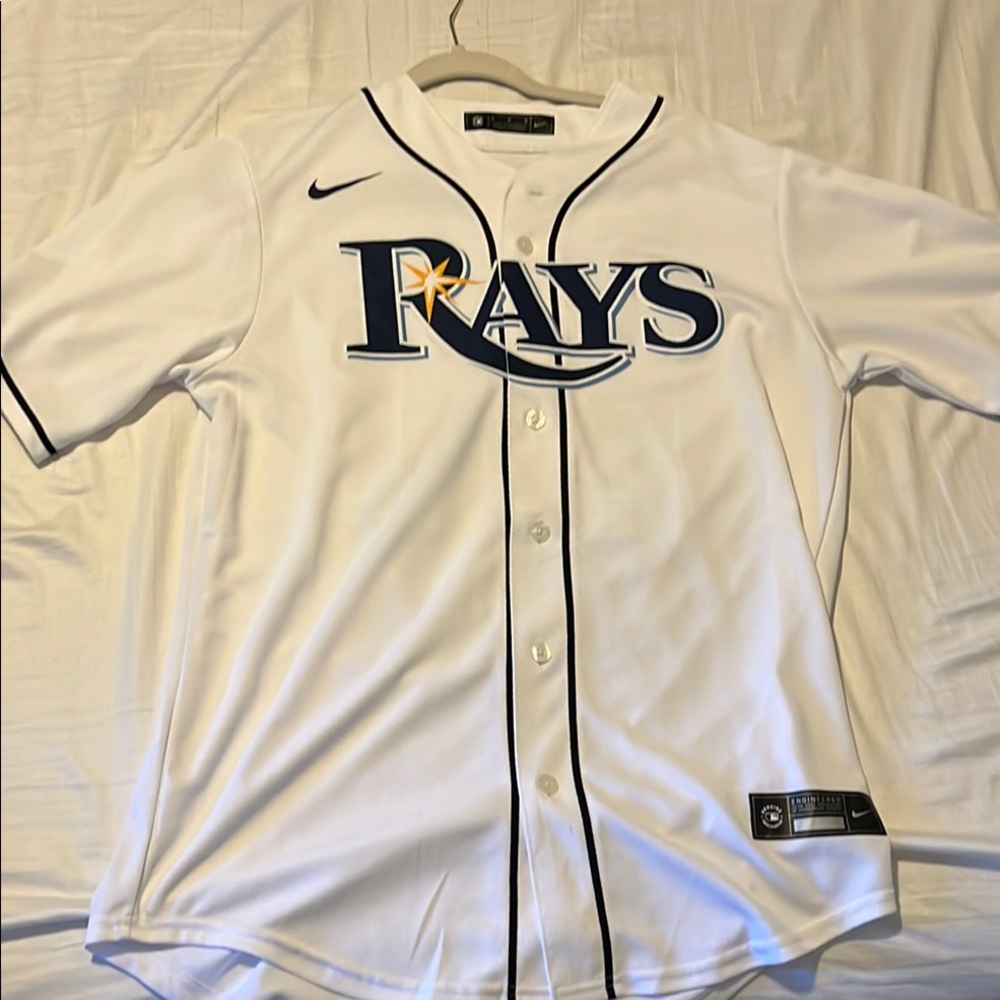 Nike White and Blue Rays Baseball Jersey